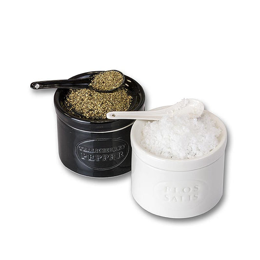 Set céramique, Marisol Flos Salis® 100g & poivre de Tellicherry 70g, cuillère, BIO, 170 g, 2 pcs.