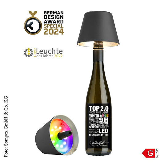 Lampe de table TOP 20, pour bouteilles, avec accu, plastique, anthracite (78432), 11x12,5cm - Eclairage pour l'extérieur