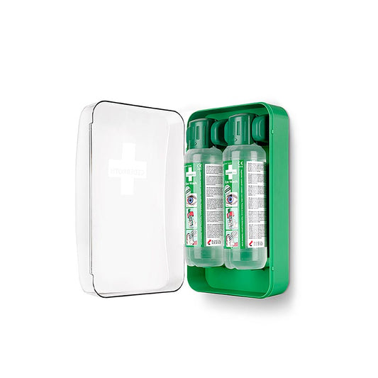 Armoire de lavage oculaire avec support mural, douche oculaire Cederroth, 2 x 500 ml, idéale pour les situations d'urgence et le rinçage rapide des yeux en cas de contact avec des substances dangereuses Support mural inclus pour un accès rapide et un remplacement facile des bouteilles Convient pour un environnement de travail sûr