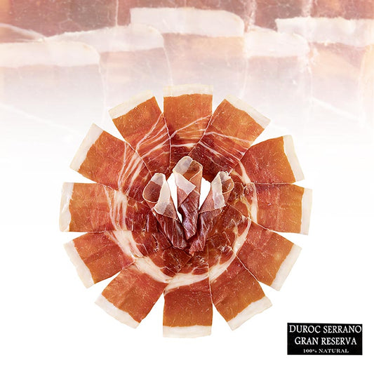 Jambon Serrano Gran Reserva tranché à partir de viande Duroc, maturé au moins 24 mois, emballage de 100 g, pour une expérience de dégustation espagnole authentique