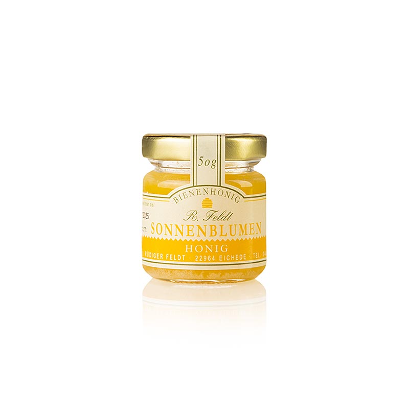 Pot de 50 g de miel de tournesol pur de l'apiculture Feldt, idéal pour les voyages ou comme condiment dans la cuisine.