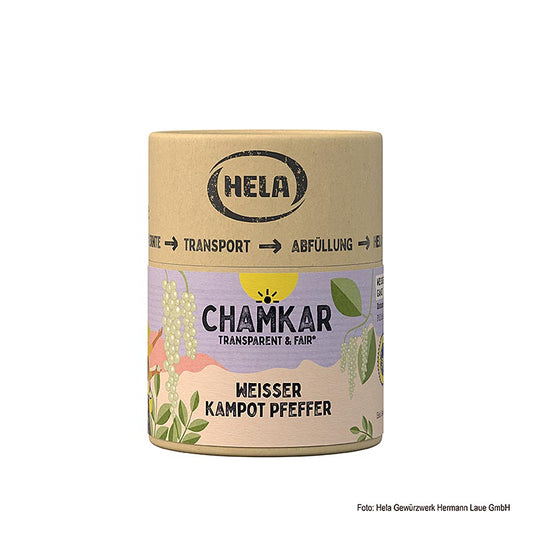 HELA Chamkar - Poivre blanc de Kampot, séché, entier, IGP, 110 g - Poivre blanc de Kampot de haute qualité, cueilli à la main, dans un emballage de 100 g avec indication géographique protégée (IGP), offrant des arômes délicats et floraux et un piquant discret, idéal pour agrémenter les plats