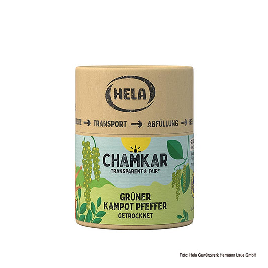 Poivre vert de Kampot de HELA Chamkar, grains de poivre entiers séchés, indication géographique protégée, 25 g - poivre de qualité supérieure, récolté et séché à la main, au goût frais et épicé et aux notes florales subtiles, idéal pour agrémenter les salades et les viandes grillées