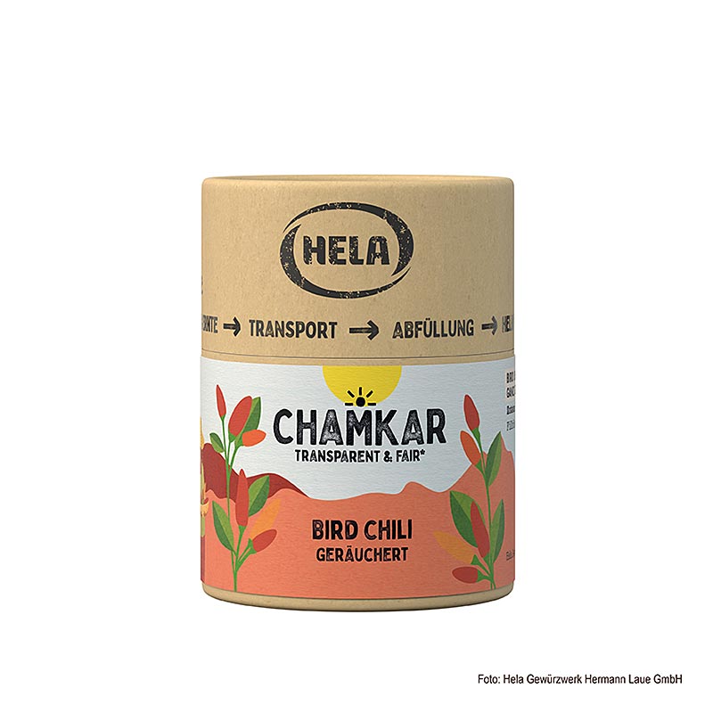 HELA Chamkar - Chili à l'œil d'oiseau (Bird Chili), fumé, 25 g - Image produit pour Chili fumé épicé