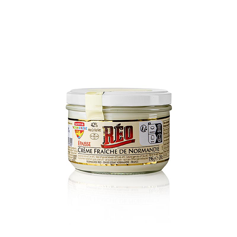 Crème Fraîche, 42% de matières grasses, RÉO (crème épaissie de Normandie), 196 g - délicatesse onctueuse de France, parfaite pour les cuisiniers professionnels et amateurs, confère aux plats raffinement et richesse de goût