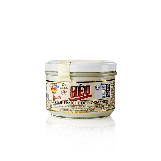 Crème Fraîche, 42% de matières grasses, RÉO (crème épaissie de Normandie), 196 g - délicatesse onctueuse de France, parfaite pour les cuisiniers professionnels et amateurs, confère aux plats raffinement et richesse de goût