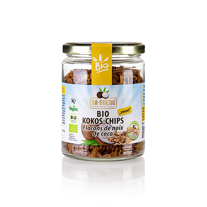 Chips de noix de coco bio grillées et sucrées du Dr Goerg, emballage de 160 g, idéales comme snack ou topping pour les desserts