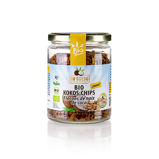 Chips de noix de coco bio grillées et sucrées du Dr Goerg, emballage de 160 g, idéales comme snack ou topping pour les desserts