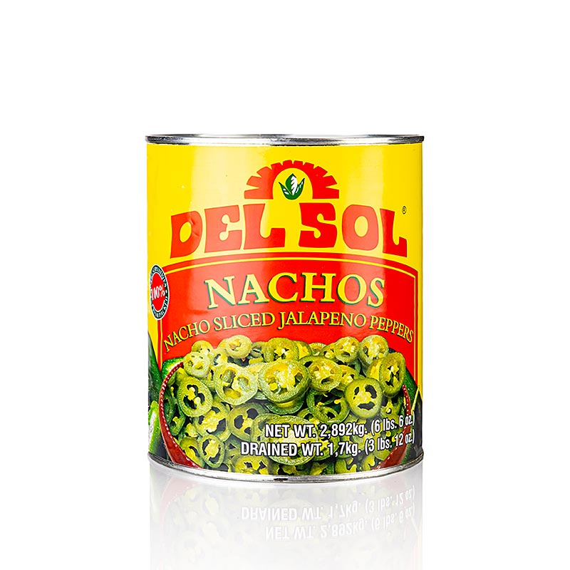 Photo de l'appareil : piments jalapeño verts coupés Del Sol dans un bidon de 2,89 kg, idéal pour la préparation de sauces épicées, de salsas et de plats sud-américains, parfait pour les grandes cuisines et les cuisiniers amateurs