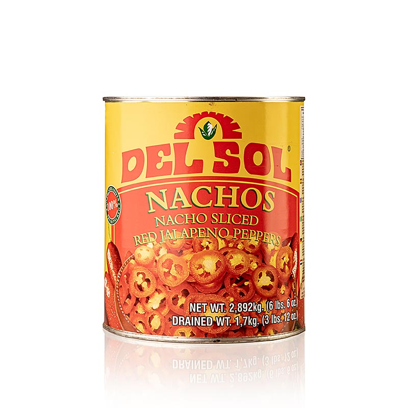 Piment Jalapenos, rouge, coupé, Del Sol, 2,89 kg - emballage en gros pour assaisonner les plats, idéal pour les cuisiniers amateurs et les professionnels de la restauration, parfait pour les plats mexicains, les salsas et les marinades, goût intense