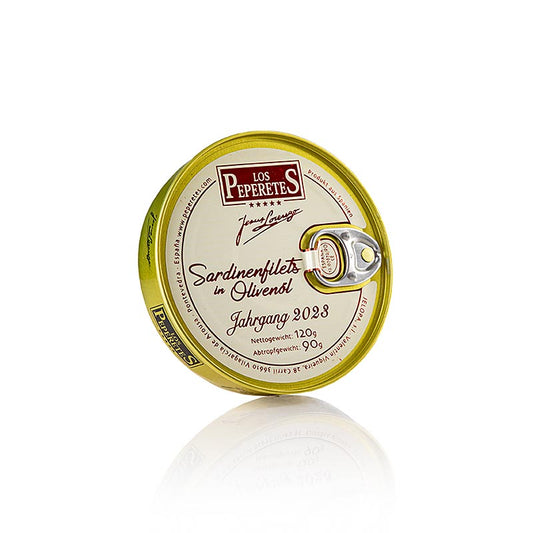 Filets de sardines millésimées 2023, à l'huile d'olive, Los Peperetes, 120 g - Filets de sardines de haute qualité et tendres, à l'huile d'olive fine, soigneusement sélectionnés et idéaux en entrée, sur des toasts ou dans des salades pour un goût authentique de la cuisine méditerranéenne