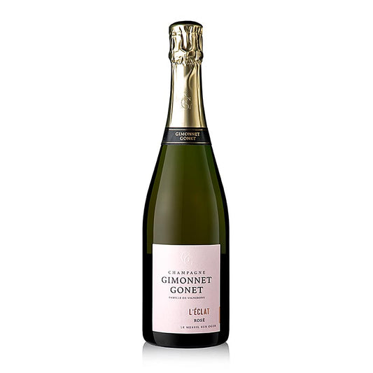 Bouteille de champagne Gimonnet Gonet l'Eclat rosé brut, 750 ml, sur fond blanc avec étiquette dorée et cachet rouge