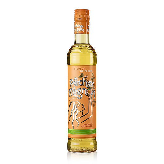 Une bouteille de la délicieuse liqueur de pêche Pecher Mignon, d'une teneur en alcool de 15% et d'une contenance de 500 ml Un plaisir fruité et rafraîchissant