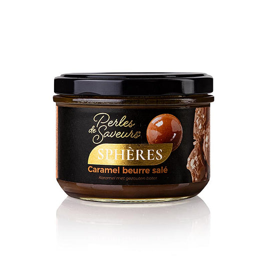 Paquet de 250g contenant environ 30 sphères sphériques de 20mm de sel et de caramel de caviar épicé, parfaites pour garnir les desserts et comme ingrédient spécial pour vos plats préférés.