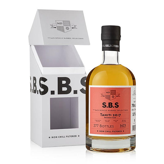 SBS 2017 Tahiti Rum, Bourbon Fass, 57%, 700 ml - Rhum puissant et complexe avec des notes de vanille, de caramel et de chêne, idéal pour les amateurs de spiritueux haut de gamme