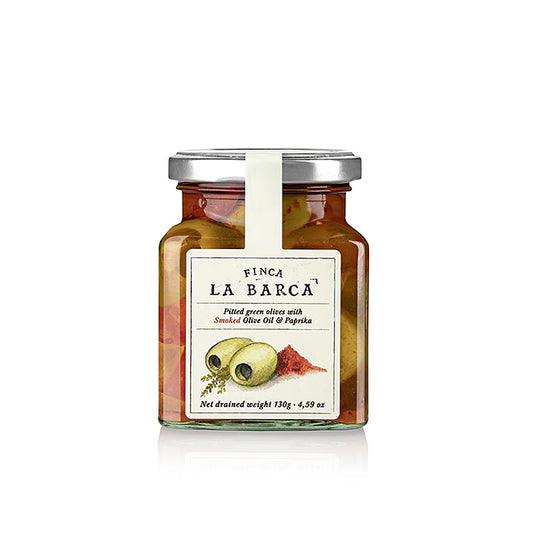 Olives vertes sans noyaux au poivron fumé de Finca La Barca, boîte de 130 g Goût espagnol authentique pour les entrées, les salades et les tapas