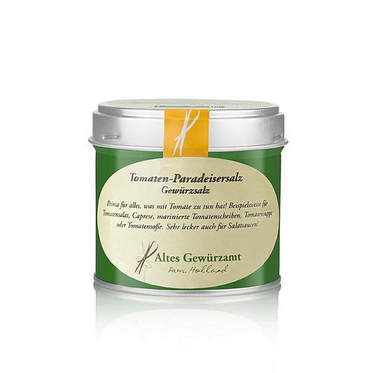 Sel aux tomates et aux paradeisers, sel d'assaisonnement, Altes Gewürzamt, 100 g : Sel d'assaisonnement artisanal au goût riche et sucré de tomate et de grains de paradis dans une boîte pratique de 100 grammes Idéal pour les salades, les soupes, les sauces et les viandes grillées
