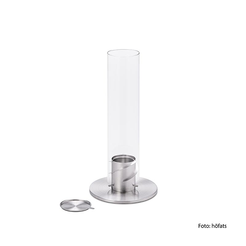 Cheminée de table SPIN 90 de Höfats, lanterne argentée stylée et torche de jardin en un, crée une atmosphère chaleureuse et conviviale sur la terrasse ou dans le jardin