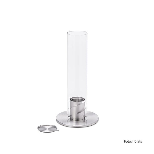 Cheminée de table SPIN 90 de Höfats, lanterne argentée stylée et torche de jardin en un, crée une atmosphère chaleureuse et conviviale sur la terrasse ou dans le jardin