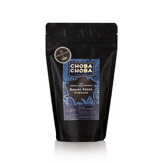 220g of Choba Choba's BIO Oswaldo, 71% Couverture amère Baking Drops (English)