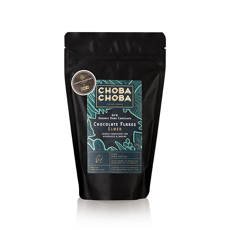 Flocons de chocolat de couverture amer 64% bio de Choba Choba, idéal pour les cuisiniers amateurs et gourmets, paquet de 220 g à prix spécial jusqu'à 30092024