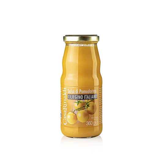 Sauce tomate à base de tomates cerises jaunes, Casa Rinaldi, 360 g : Délicieuse sauce italienne artisanale à base de tomates cerises mûries au soleil, parfaite pour les pâtes et la pizza.