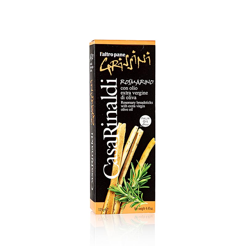 Grissini biscuits apéritifs au romarin, 125g, Casa Rinaldi, 125 g : Crackers italiens croustillants avec des ingrédients de qualité et du romarin aromatique, idéal en entrée ou en accompagnement, emballés dans un paquet pratique de 125 grammes.