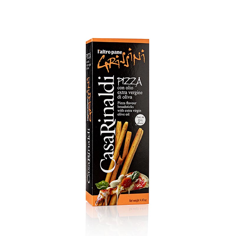 Grissinis croustillants au goût authentique de pizza, dans un emballage pratique de 125 g de Casa Rinaldi Idéal comme snack, entrée ou accompagnement de soupe et de salade pour une véritable expérience gustative italienne