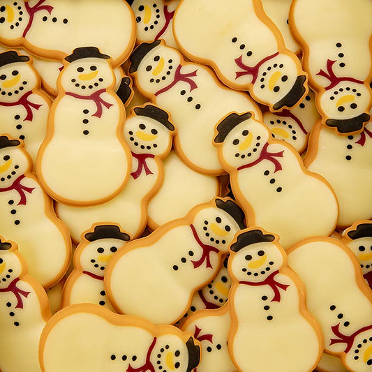 Coques de chocolat Icing Cookie Snowman, 50x29mm, Dobla (77855), 370 g - Délicieuses décorations en chocolat pour les biscuits en forme de bonhomme de neige