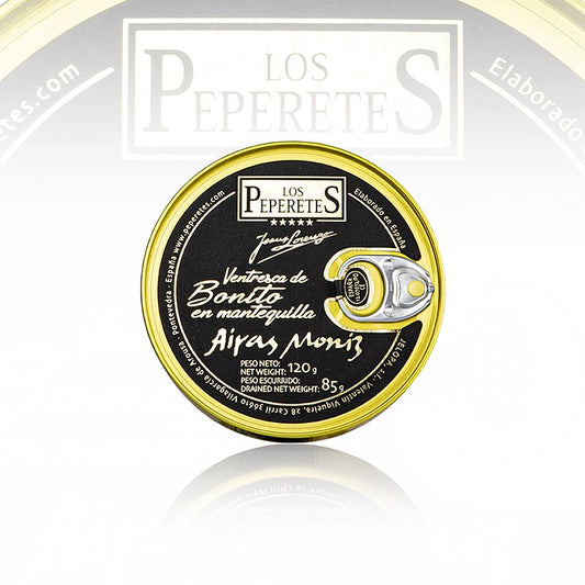 Jelopa Ventresca de Bonito - Thon au beurre, Los Peperetes, 120 g - Thon de haute qualité au beurre crémeux de Los Peperetes, idéal comme snack de luxe ou dans les salades