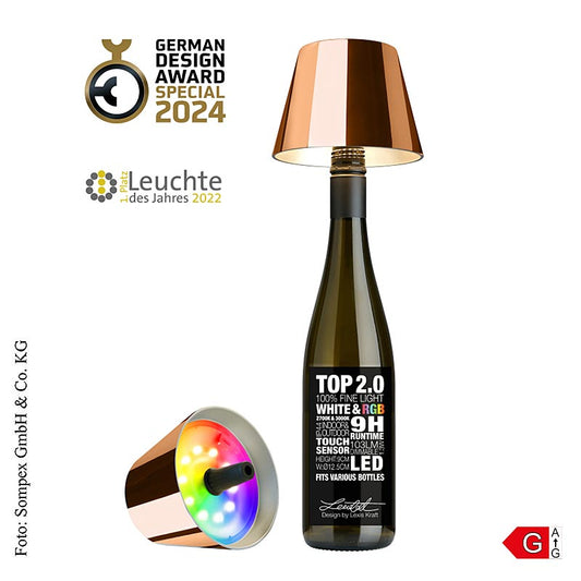 Lampe de table TOP20 pour bouteilles, fonctionnement sans fil, plastique avec surface en cuivre, 11x12,5cm
