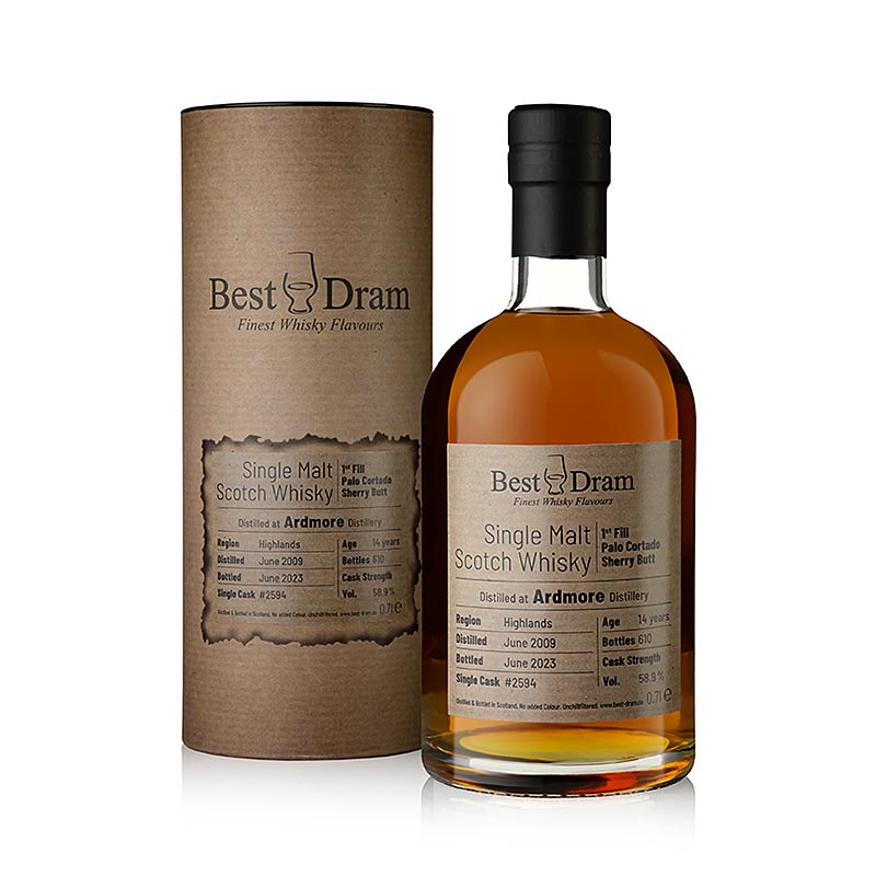 Bouteille de whisky single malt Ardmore 14 J Best Dram Palo Cortado, 58,9 % vol, Highland, 700 ml, avec liquide doré dans une étiquette à fond noir et inscription dorée