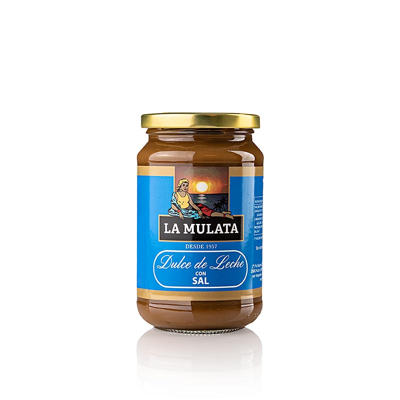 Dulce de Leche con sal, sauce caramel au lait avec sel, La Mulata, 420 g - Sauce caramel crémeuse à base d'ingrédients de qualité supérieure avec une fine note de sel, idéale pour les desserts, le petit-déjeuner et le grignotage directement à la cuillère, utilisable de multiples façons pour les glaces, les crêpes et les gaufres, disponible en Suisse chez La Mulata