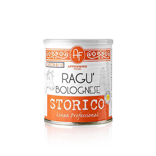 Authentique sauce bolognaise historique des Apennins, préparée avec des ingrédients régionaux frais, sans additifs ni conservateurs artificiels, 800 g en bocal.