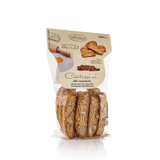 Cantuccini avec 25% d'amandes, biscuits italiens aux amandes, Monardo, 220 g : Biscuits aux amandes faits à la main selon une recette traditionnelle, parfaits pour le dessert ou le goûter