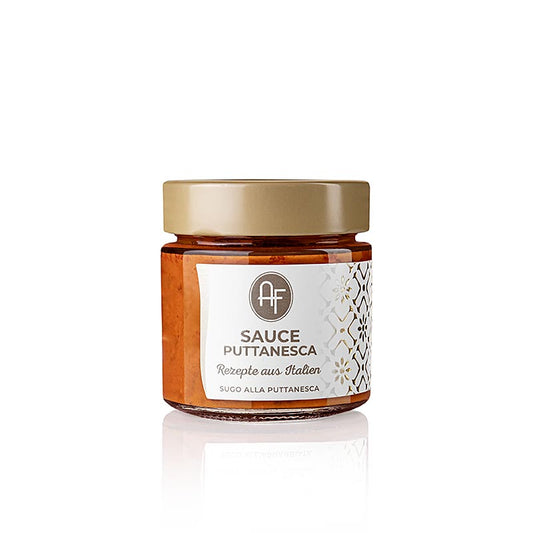 Sauce Puttanesca de Appennino Food, produite à partir de tomates mûres, d'olives, de câpres et d'anchois, pour une expérience gustative intense et savoureuse, utilisable de manière polyvalente comme sauce pour pâtes, condiment pour viande ou poisson ou sauce dip, contenu : 200 g