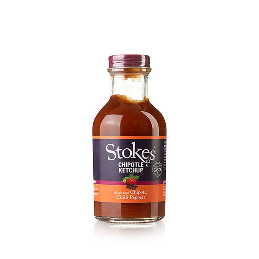 Stokes Chipotle Ketchup, 273 ml - Ketchup artisanal à base de tomates mûres et de piment chipotle épicé pour un arôme unique et fumé Convient comme trempette, sur les burgers ou pour affiner les sauces et les marinades Découvrez le goût exceptionnel du ketchup chipotle Stokes