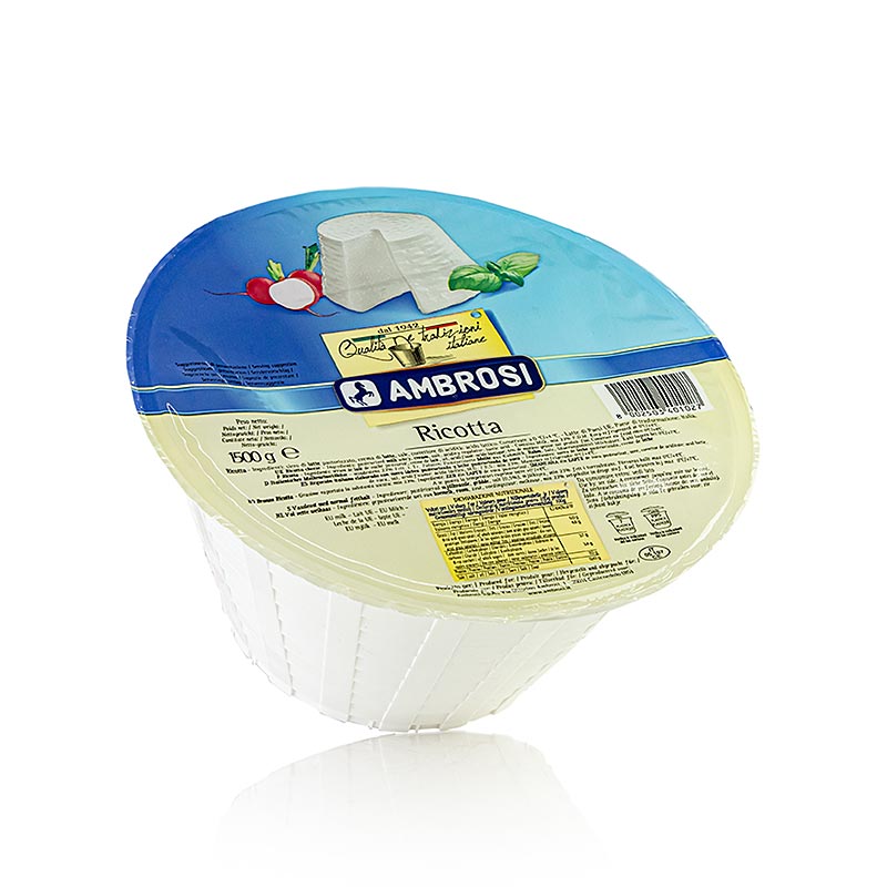 Fromage ricotta, au lait de vache, Ambrosi, 1,5 kg - fromage italien crémeux à la texture finement granuleuse et au goût délicat, idéal pour les plats sucrés et salés, disponible en emballage pratique de 1,5 kg, qualité authentique d'Ambrosi