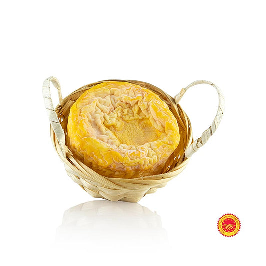 Délicieux Langres AOP/gU Fromage de France à pâte molle, doux et crémeux, lavé à la main, avec une surface caractéristique et un goût prononcé, légèrement salé Fabriqué à partir de lait de vache cru et affiné en caves humides, 180 g