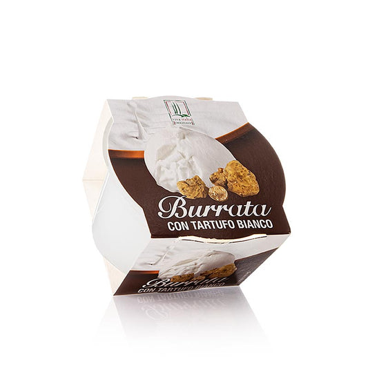 Burrata à la truffe blanche, Viva Italia, 125 g - fromage italien artisanal à la texture crémeuse, à la crème moelleuse et à la mozzarella, affiné avec de la précieuse truffe blanche, pour une expérience culinaire inoubliable