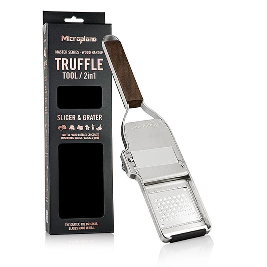 MICROPLANE Master Serie, Truffes Profi 2in1, avec manche en bois (43313), 1 pc - Une râpe de qualité supérieure avec un élégant manche en bois pour les truffes, les fromages à pâte dure et le chocolat, avec des lames en acier inoxydable durables pour des résultats précis en cuisine