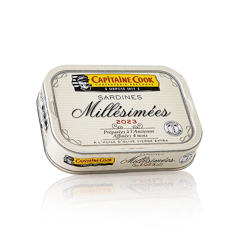Sardines à l'huile d'olive millésimées, 115 g, Capitaine Cook, France, délicates et juteuses, 6 ans de conservation, goût doux, fleur de sel, production limitée