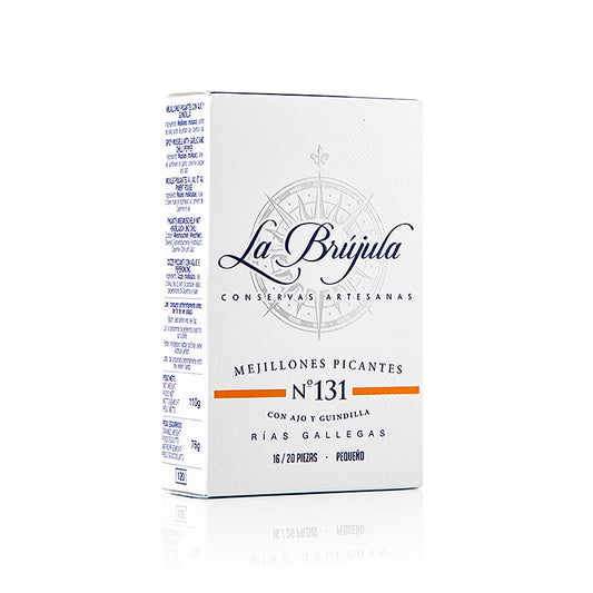 Moules piquantes de La Brújula, 16-20 pièces en boîte de 110 g, aromatiques et épicées, qualité supérieure d'Espagne, idéales pour les amateurs de fruits de mer
