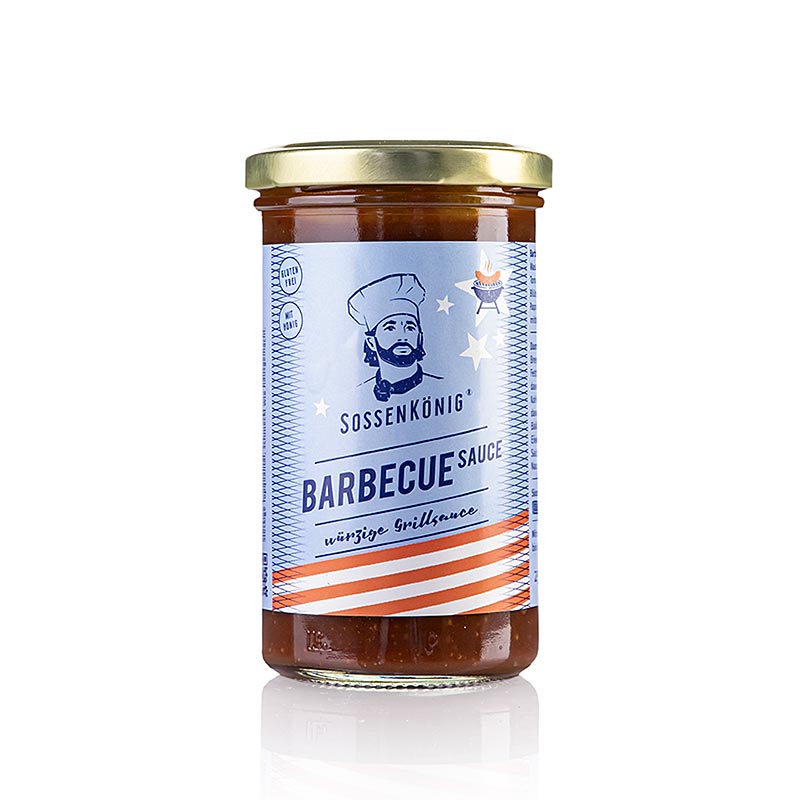 Sauce barbecue prête à l'emploi en provenance de Suisse, au goût fin et équilibré, idéale pour les grillades et les BBQ parties, bouteille en verre de 250 ml de Sossenkönig