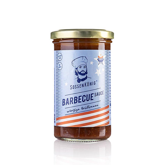 Sauce barbecue prête à l'emploi en provenance de Suisse, au goût fin et équilibré, idéale pour les grillades et les BBQ parties, bouteille en verre de 250 ml de Sossenkönig