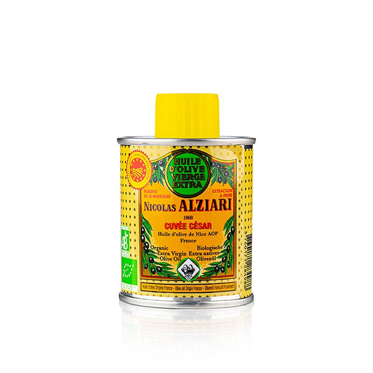 Huile d'olive vierge extra Alziari Cuvee Cesar, Cailletier, Grand Cru, BIO, 100 ml - Huile d'olive biologique triée sur le volet, produite dans le sud de la France à partir d'olives Cailletier, au goût doux et de première qualité Idéale pour la cuisine gastronomique Acheter en Suisse