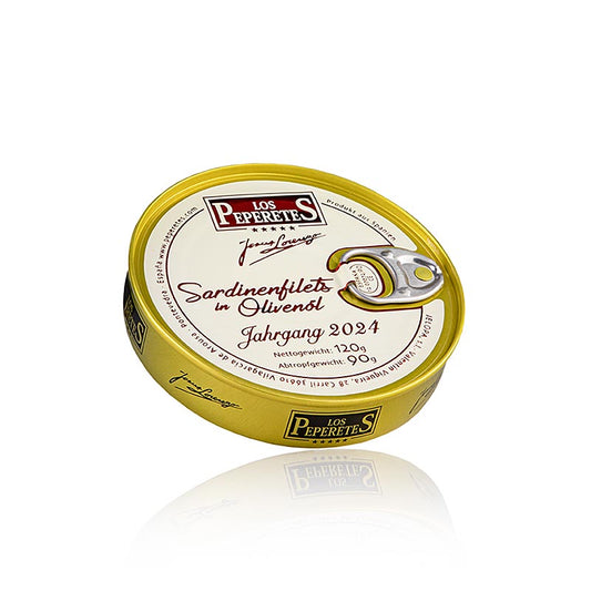 Filets de sardines millésimés 2024, à l'huile d'olive, Los Peperetes, 120 g - Filets de sardines de haute qualité à l'huile d'olive fine, parfaits pour les toasts ou les salades, goût authentique, paquet de 120 g à conserver jusqu'en 2024