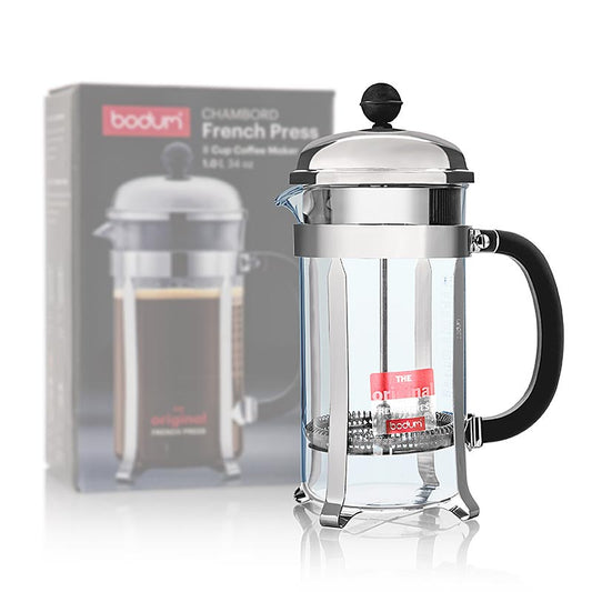 Cafetière classique Bodum Chambord en acier inoxydable chromé d'une capacité de 1 litre, facile à manipuler et à nettoyer, pour un arôme de café complet, design intemporel pour chaque cuisine, disponible en Suisse