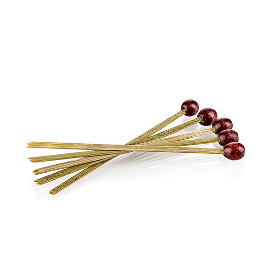 Brochette en bambou avec fente et perle rouge, 8cm de long, 100 pièces, écologique et biodégradable, idéale pour les hors-d'œuvre et les fingerfoods