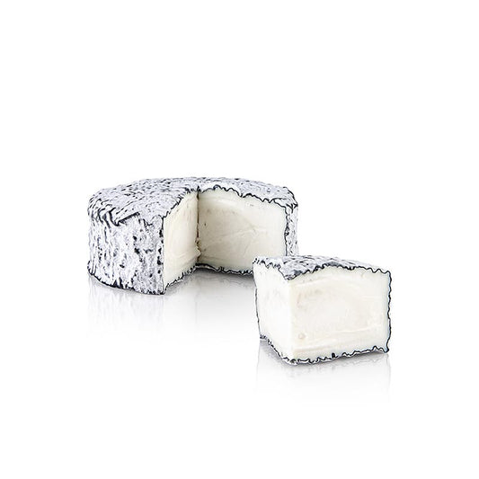 Fromage au lait de chèvre à pâte molle saupoudré d'une couche de cendre de charbon végétal Goût lacté et frais, texture crémeuse et note caprine équilibrée